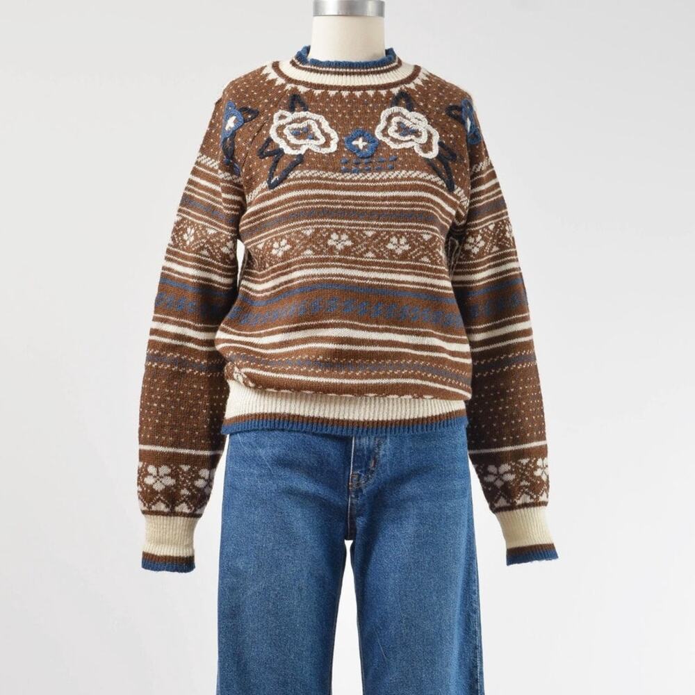 Vintage 80s Floral Embroidered Striped Fair Isle Retro Boho Sweater XS S